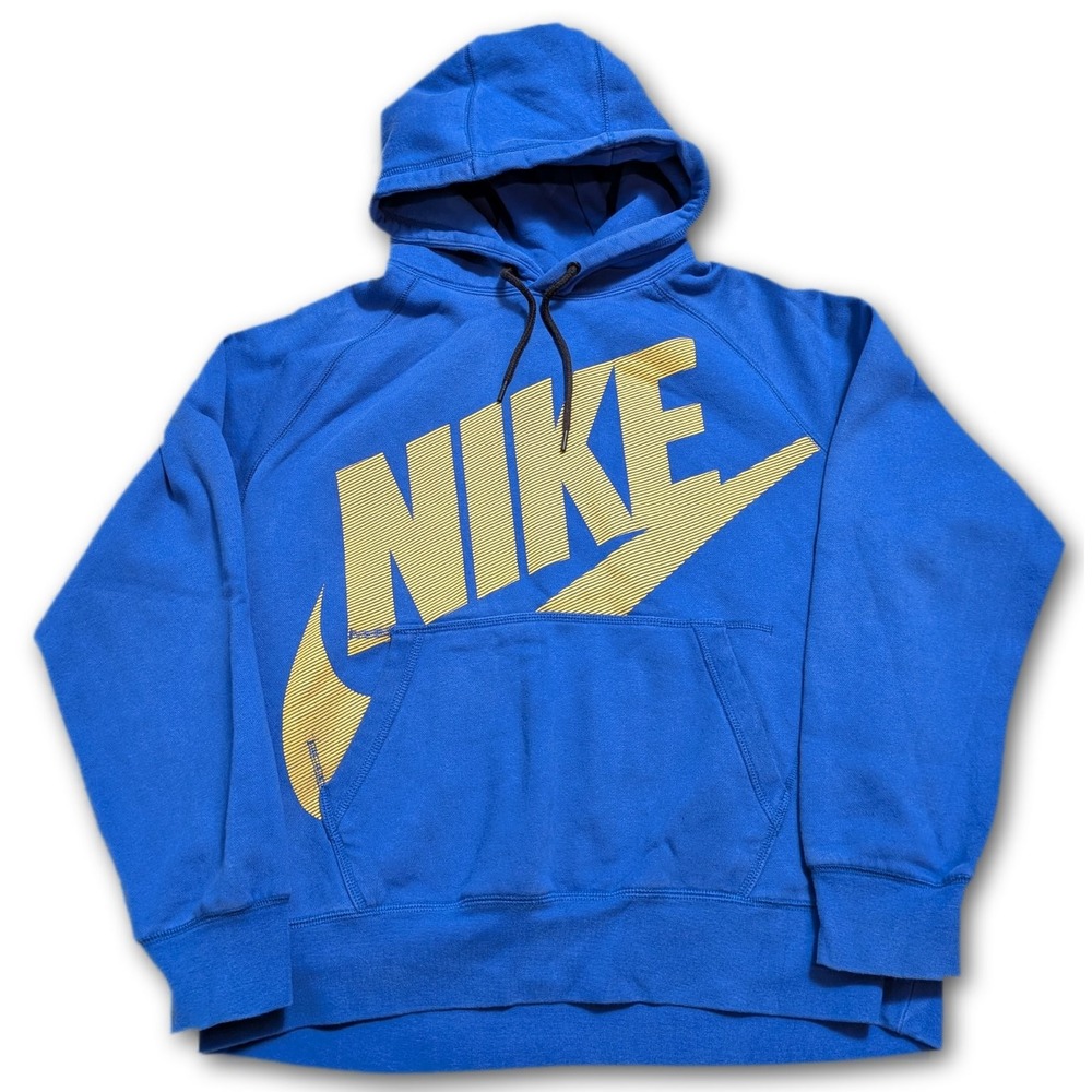 Nike Sportswear Mens L Hoodie Blue Big Logo Swoosh Fleece Regular Yellow Large